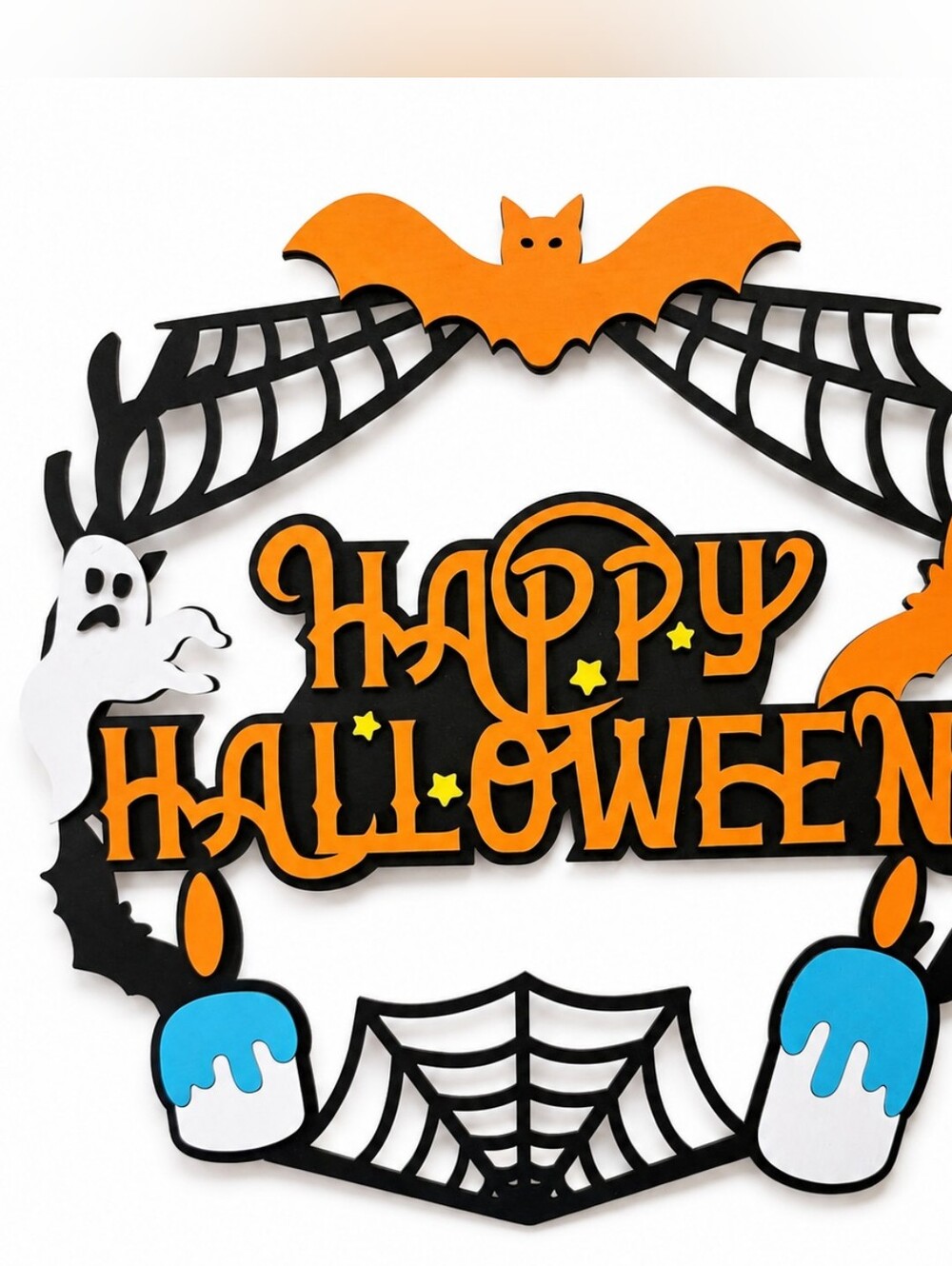 Handmade Happy Halloween Door Hanger Wood Sign Bat Ghost Spider Web Decor